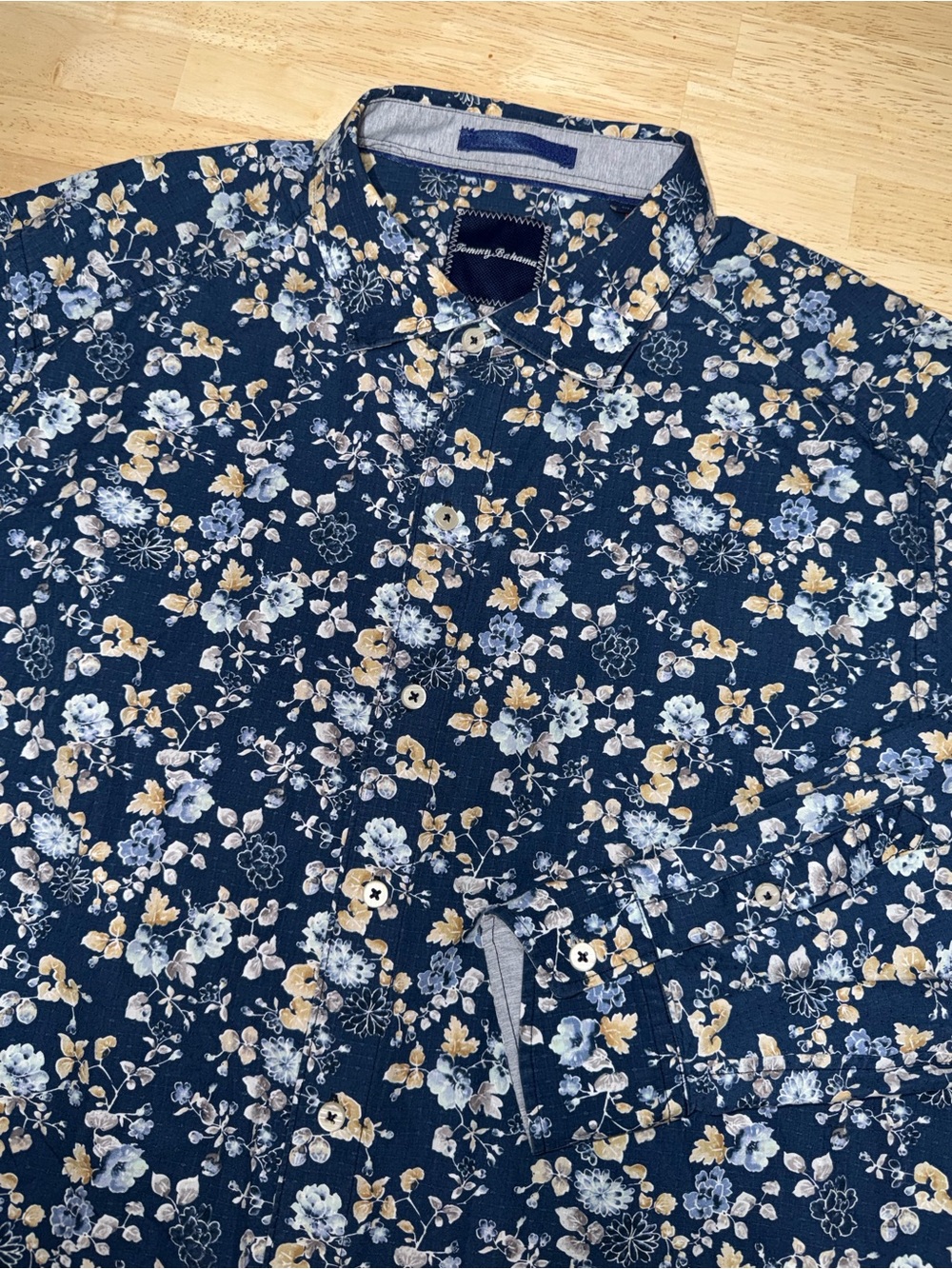 Tommy Bahama Navy Floral Silk Cotton Button Down Long Sleeve Shirt Mens XL